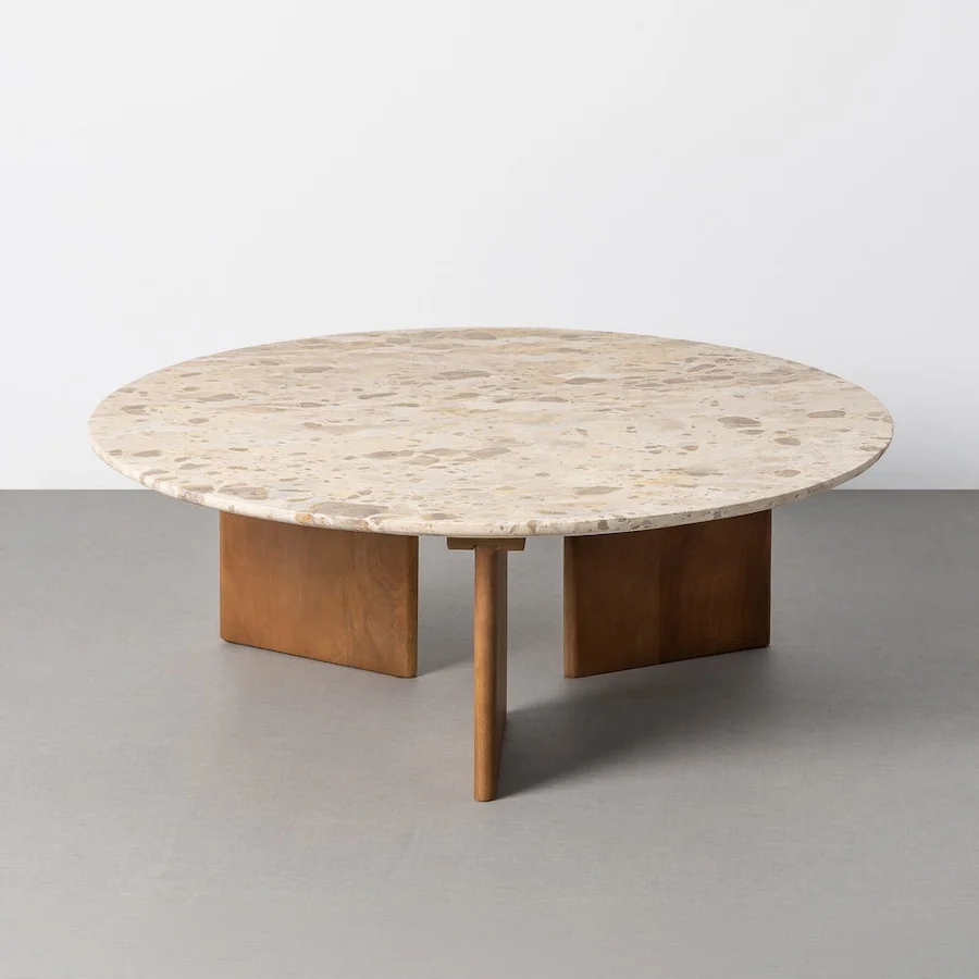 Table basse ronde en pierre et bois Ixia 80 ou 100 cm Beige