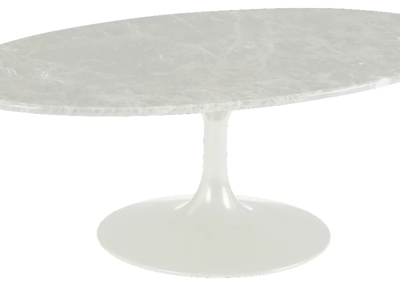 Table basse ovale Marbella en marbre blanc veiné de gris, pied tulipe et socle rond laqués blancs