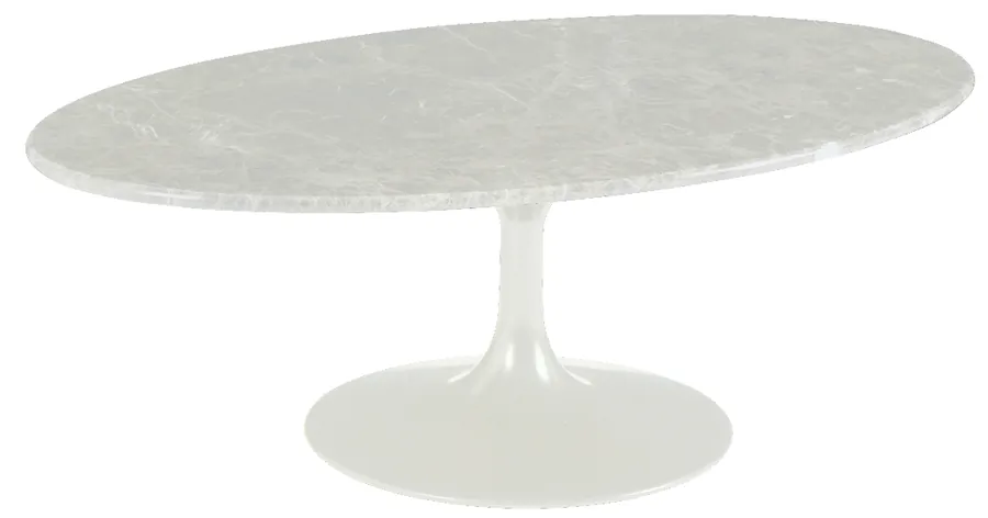 Table basse ovale Marbella en marbre blanc veiné de gris, pied tulipe et socle rond laqués blancs