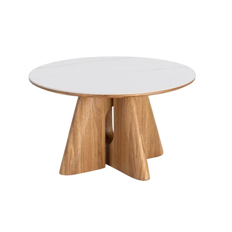 Table basse ronde en céramique Ixia à plateau blanc et pied central en bois brun