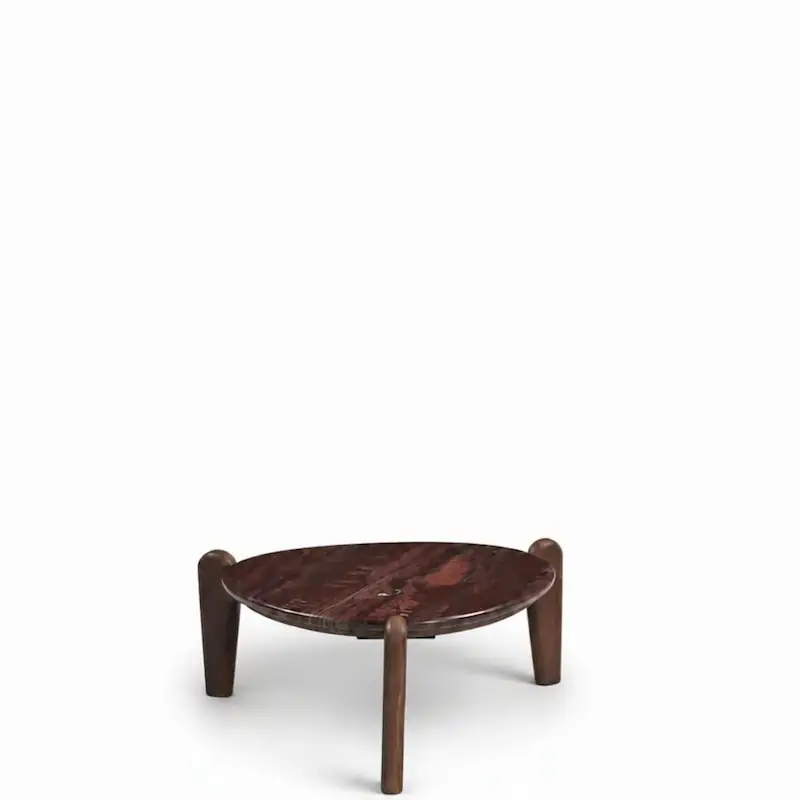 Table basse ronde Serena d'Athezza, plateau en marbre bordeaux sur trois pieds en manguier