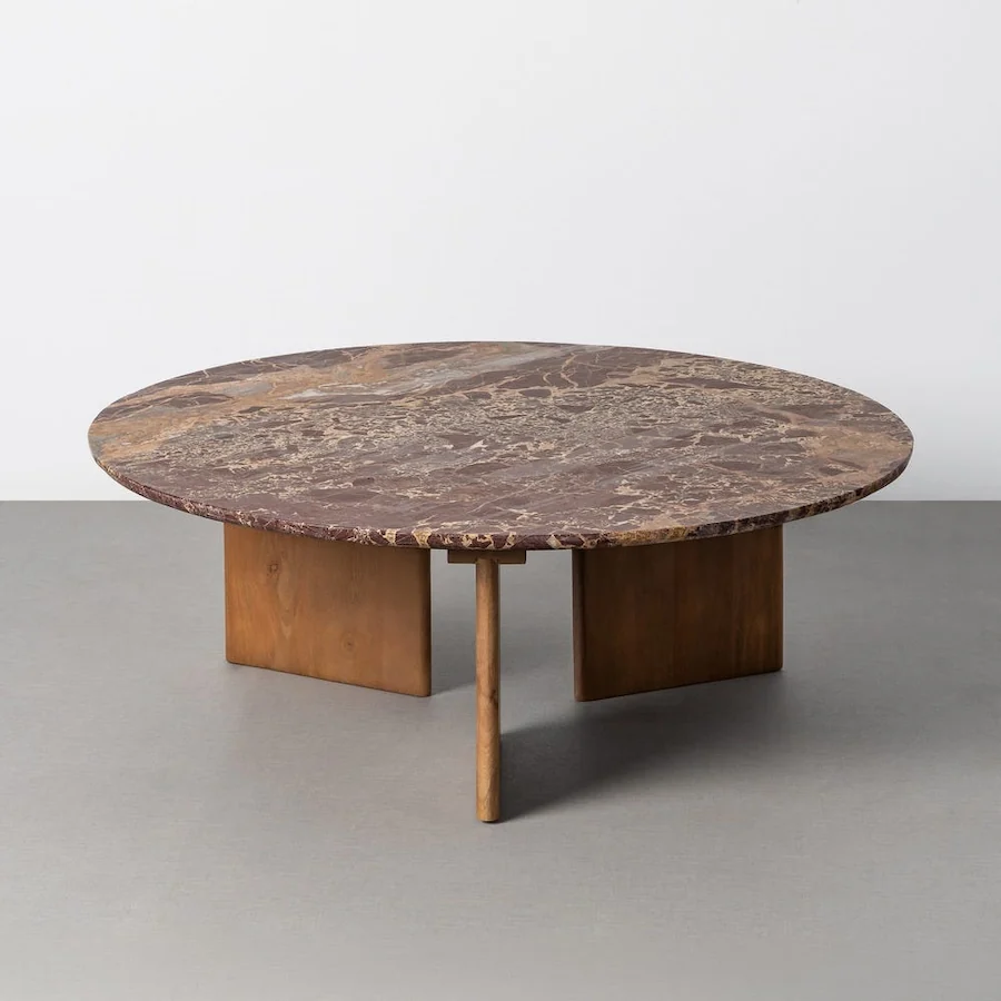 Table basse ronde en pierre et bois Ixia 80 ou 100 cm Bordeaux