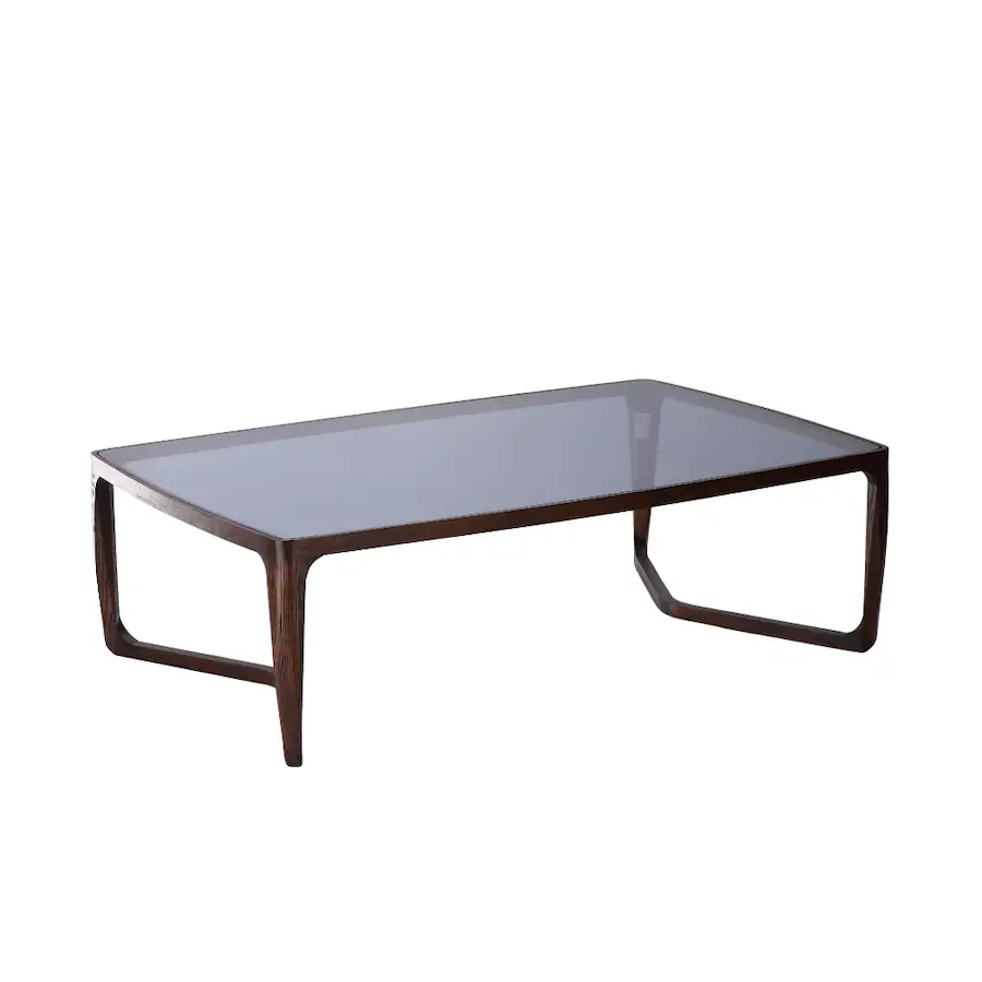 Table basse Arco, plateau en verre fumé sur structure en frêne brun
