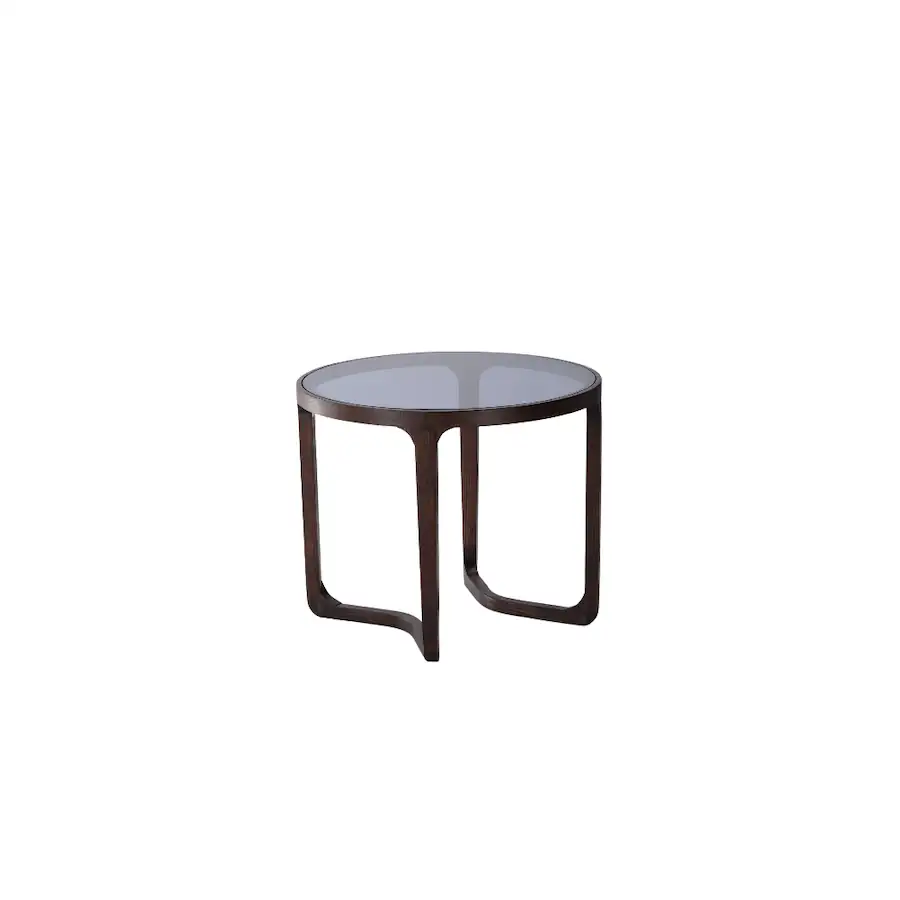 Petite table basse ronde Arco d'Athezza en frêne brun et verre fumé, de trois quarts