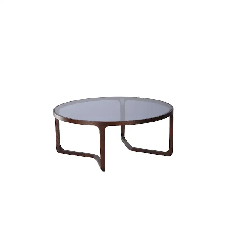 Table basse ronde Arco d'Athezza, verre fumé et frêne brun, de trois quarts