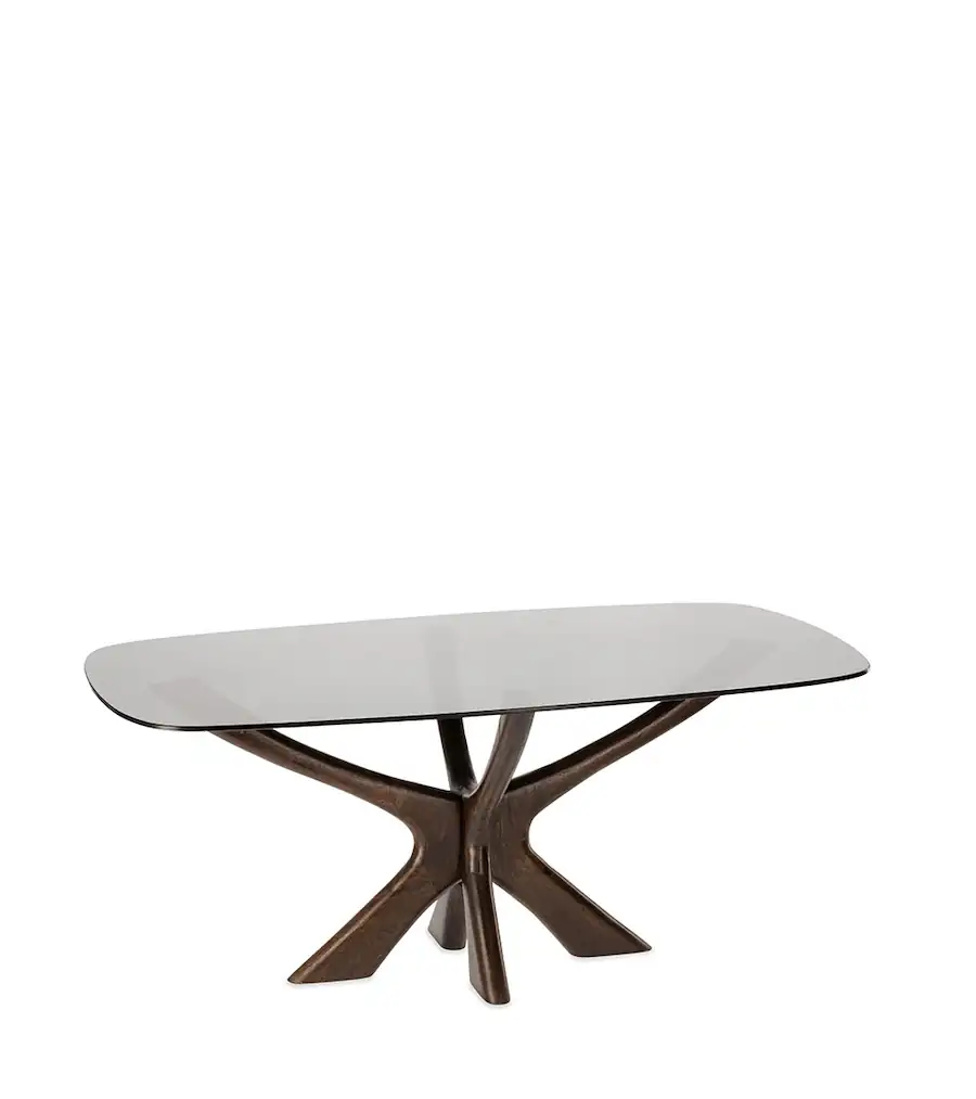 Table basse Madera, verre fumé sur pied central croisé en manguier