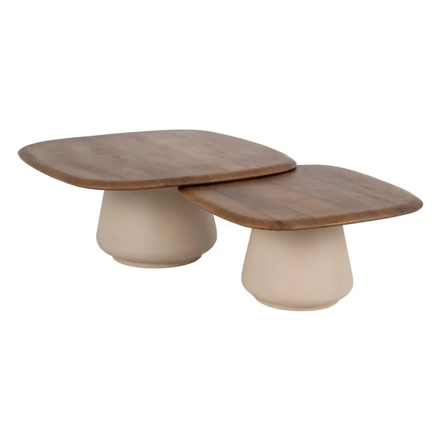 Set de 2 tables basses en manguier Ixia, plateaux carrés et pieds beige en métal