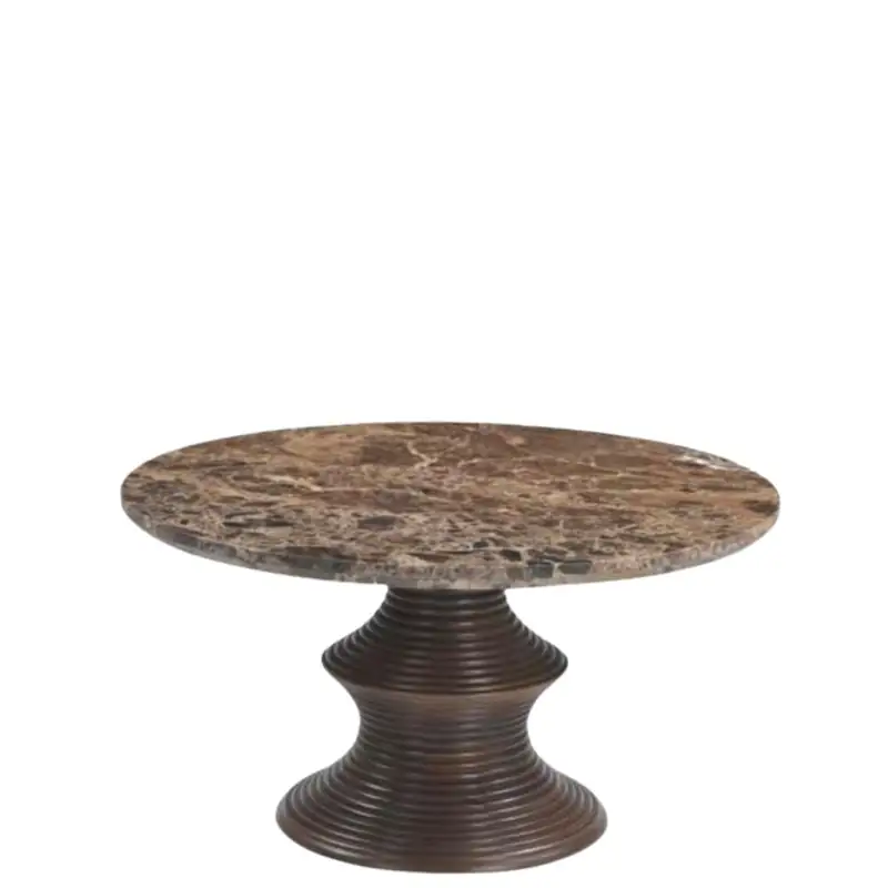 Table basse ronde Cyrene d'Athezza, plateau en marbre brun sur pied central en manguier strié