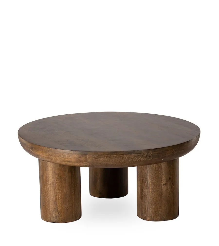 Table basse ronde Alytus en manguier sur pieds cylindriques épais