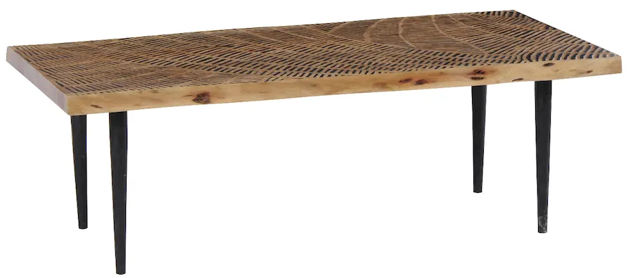 Table basse Chilai en acacia sculpté sur pieds en fer noir