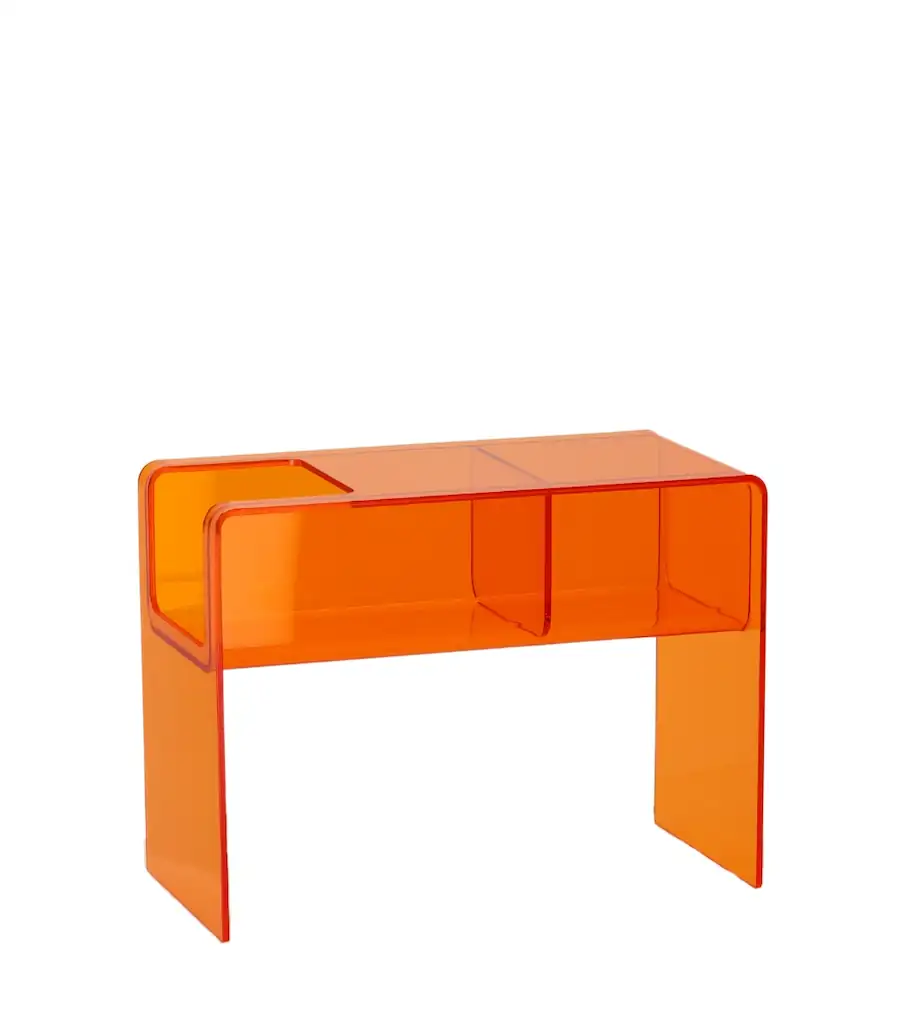 Table basse Flexi en acrylique orange translucide avec bac de rangement