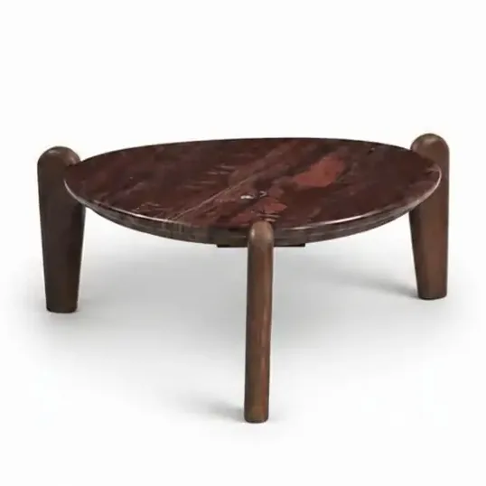 Table basse ronde Serena d'Athezza, plateau en marbre bordeaux sur trois pieds en manguier