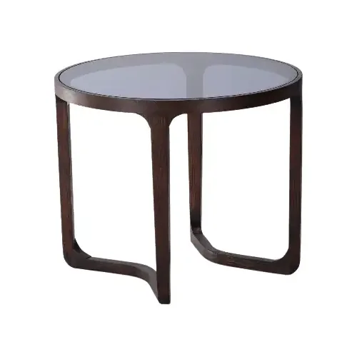 Petite table basse ronde Arco d'Athezza en frêne brun et verre fumé, de trois quarts