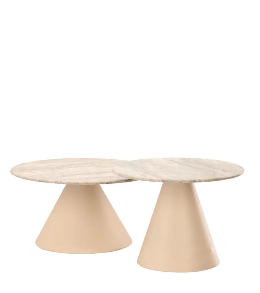 Tables basses gigognes Lanot Athezza, deux plateaux ronds veinés sur pieds coniques beiges