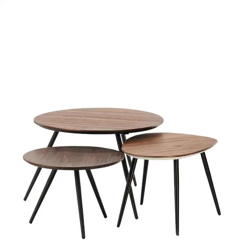 Tables basses gigognes Simone Athezza, trois plateaux en bois de nuances différentes sur pieds noirs écartés