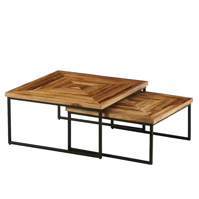 Tables gigognes Quadro Athezza en teck et fer noir, les deux tables carrées emboîtées vues de trois quarts