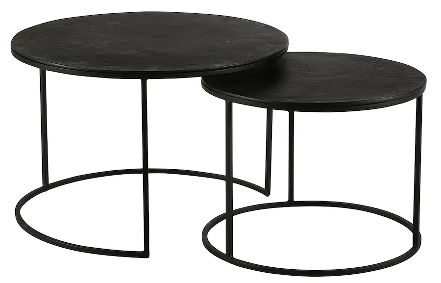 Tables gigognes Palma noires, la petite glissée sous la grande, piètement en fil de métal noir