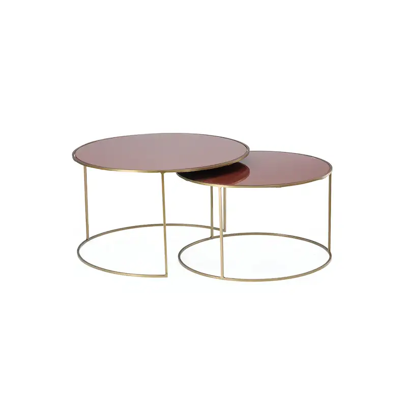 Tables basses gigognes Queluz Athezza, deux plateaux ronds en verre terracotta sur fil de métal doré