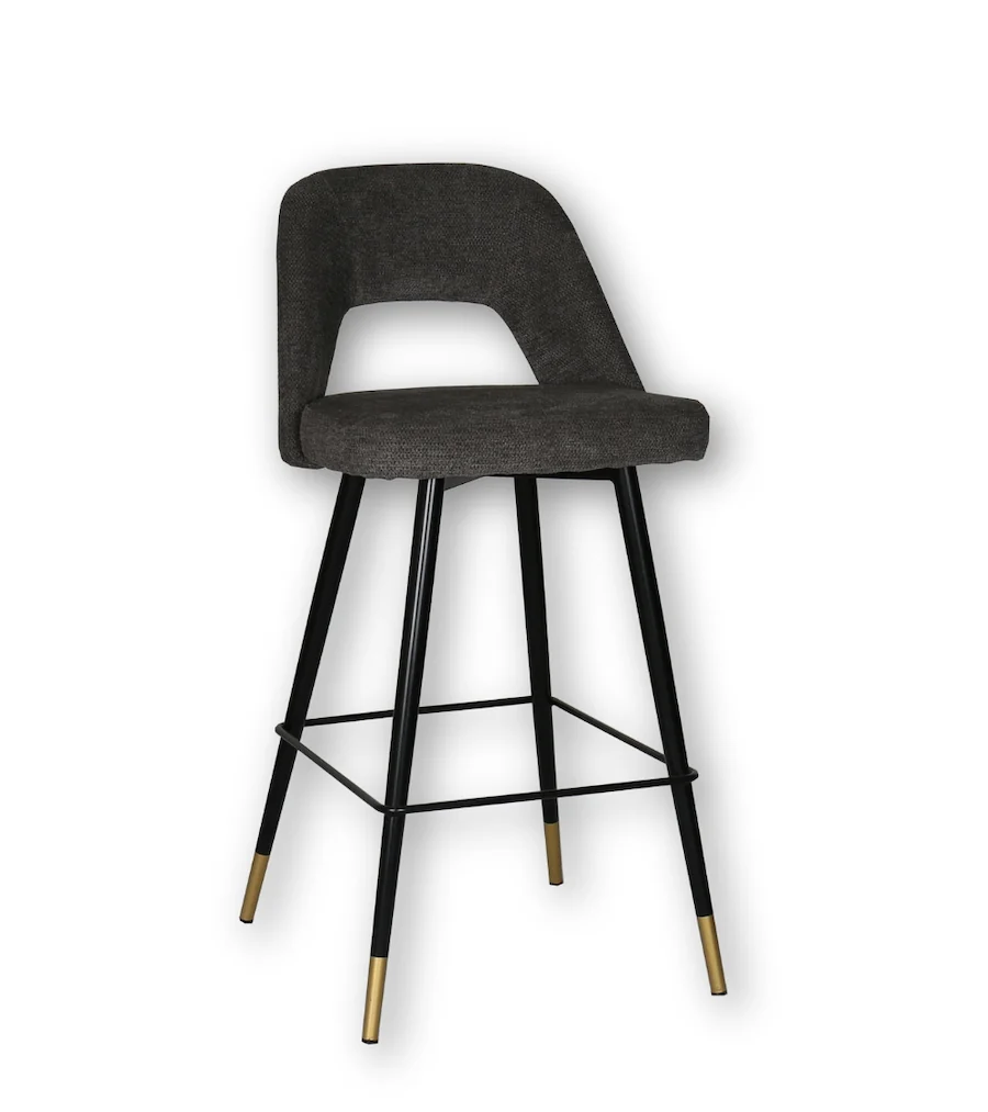 Tabouret de bar Gambetta d'Athezza Anthracite, dossier ajouré, pieds en métal noir et repose-pieds