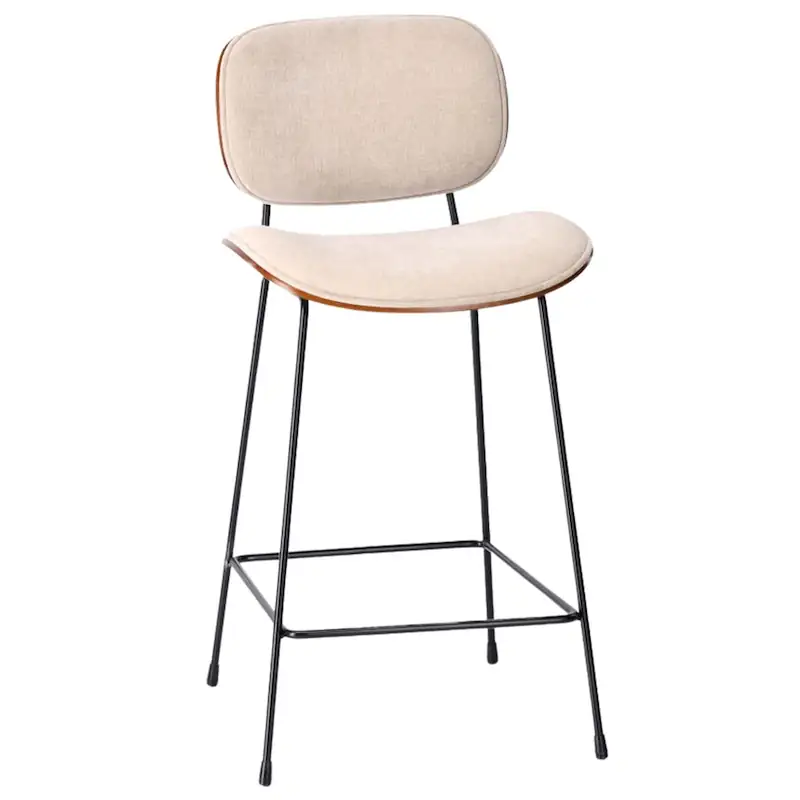 Tabouret de bar Erbrée beige de trois quarts, coque en bois et pieds en métal noir