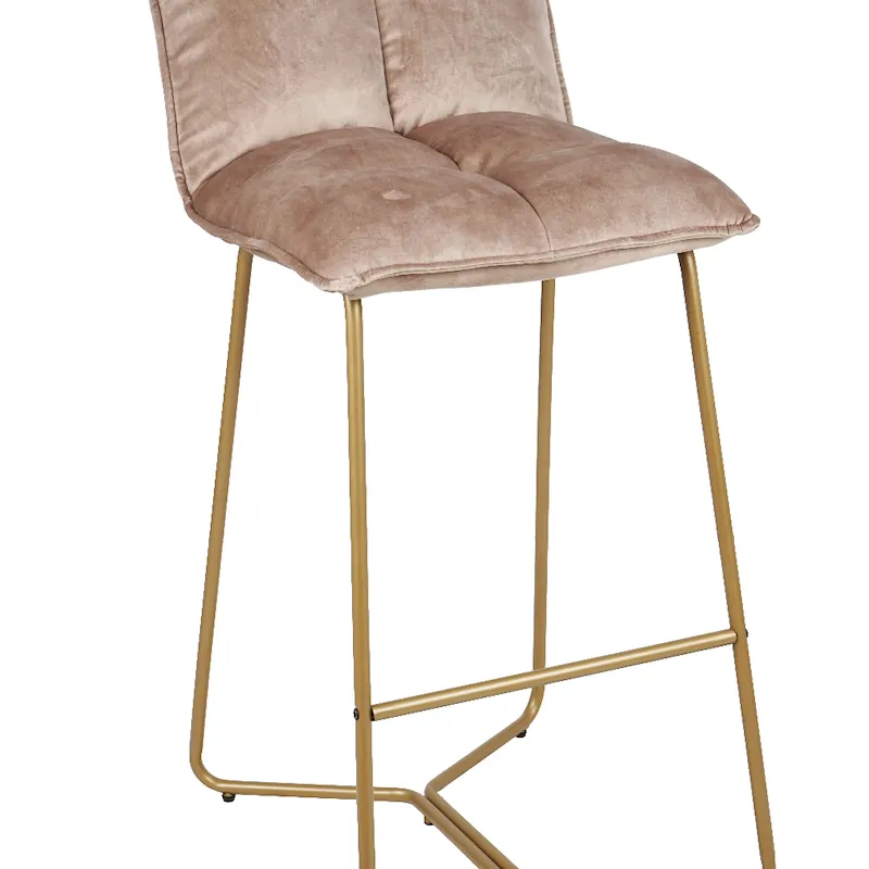 Tabouret de bar Butano en velours taupe rosé de trois quarts, pieds fins en métal doré
