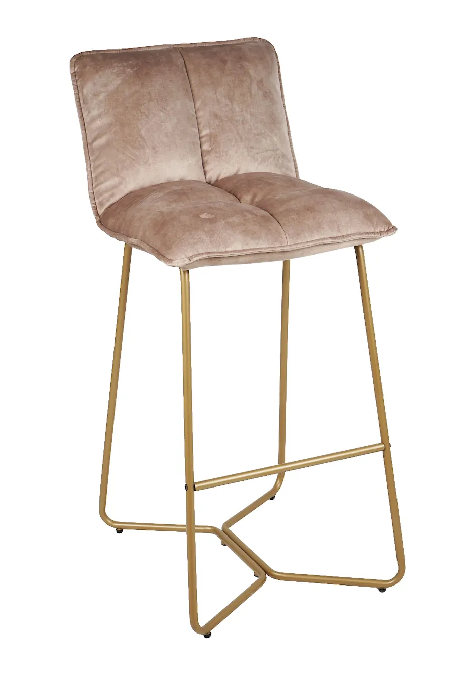Tabouret de bar Butano en velours taupe rosé de trois quarts, pieds fins en métal doré