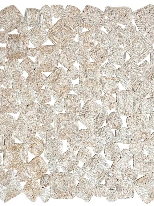 Tapis Ursa en cordon de coton recyclé naturel, carrés et ronds assemblés, vu de dessus
