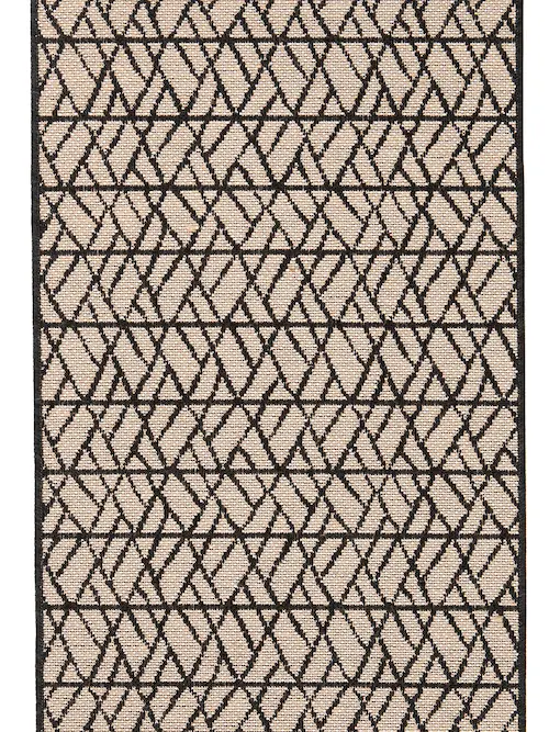 Tapis beige Vivaraise à losanges et triangles noirs, franges noires aux deux extrémités