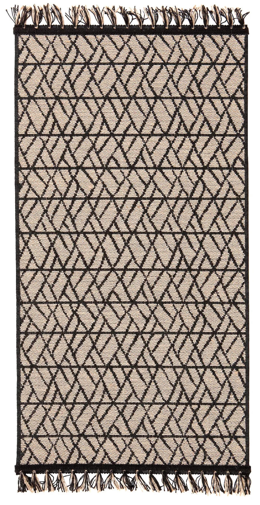 Tapis beige Vivaraise à losanges et triangles noirs, franges noires aux deux extrémités