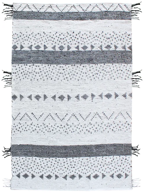 Tapis berbère tissé plat blanc et noir The Rug Republic, motifs géométriques et franges tressées