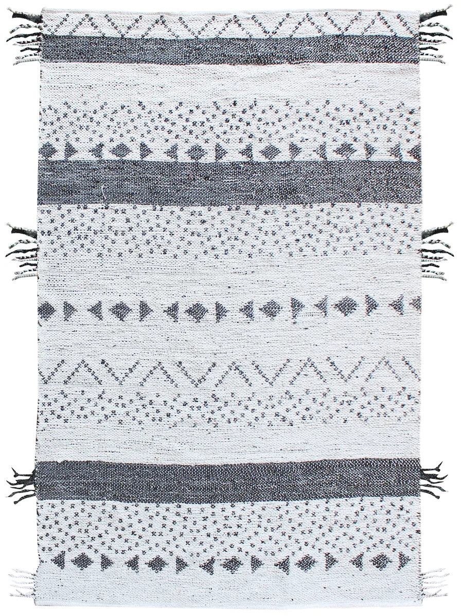 Tapis berbère tissé plat blanc et noir The Rug Republic, motifs géométriques et franges tressées