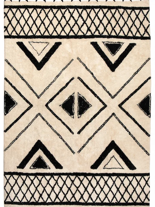 Tapis berbère rectangulaire Vivaraise écru à motifs géométriques noirs et pompons noirs