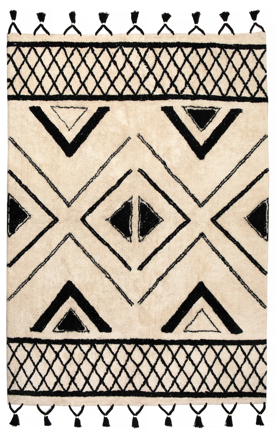 Tapis berbère rectangulaire Vivaraise écru à motifs géométriques noirs et pompons noirs