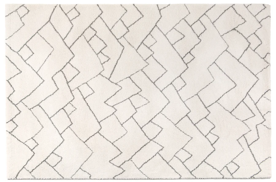 Tapis blanc cassé Vivaraise à lignes brisées grises vu à plat