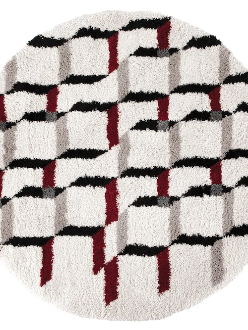 Tapis rond Erika blanc cassé à motif noir et rouge en trompe-l'oeil, vu de dessus