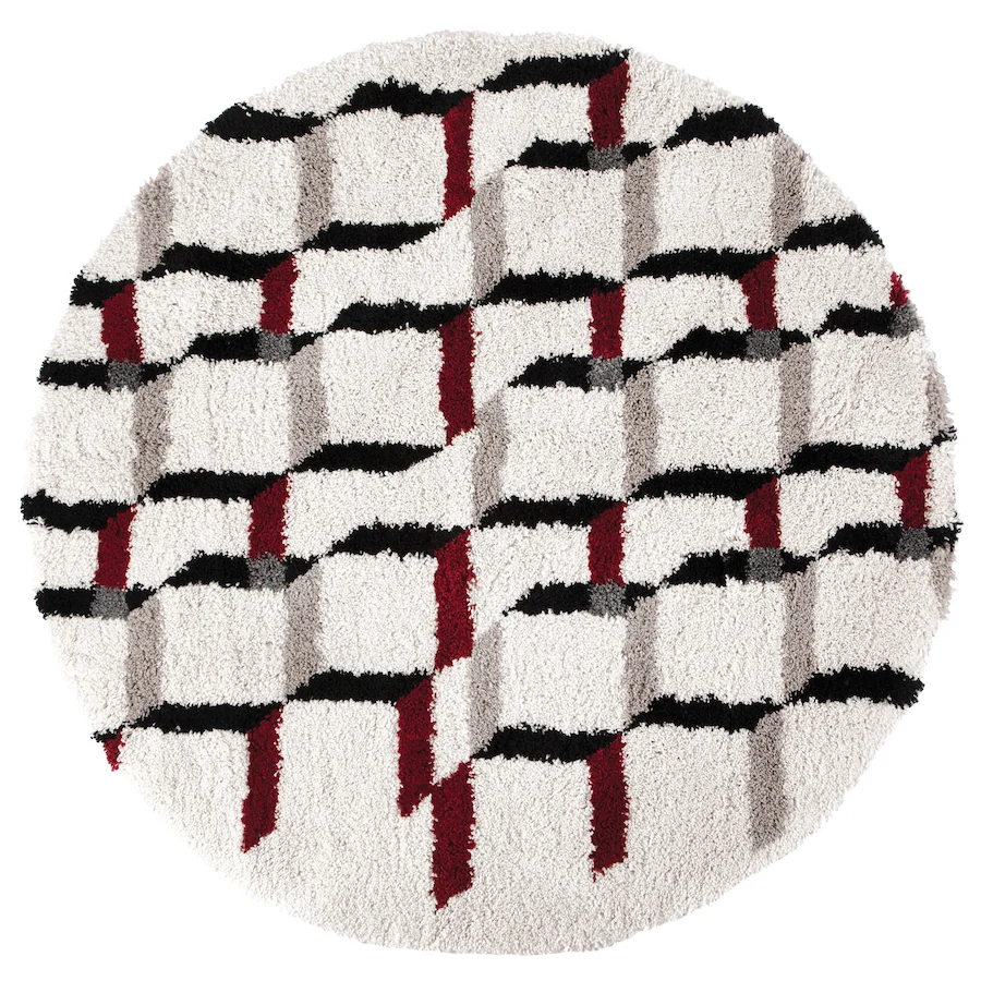 Tapis rond Erika blanc cassé à motif noir et rouge en trompe-l'oeil, vu de dessus