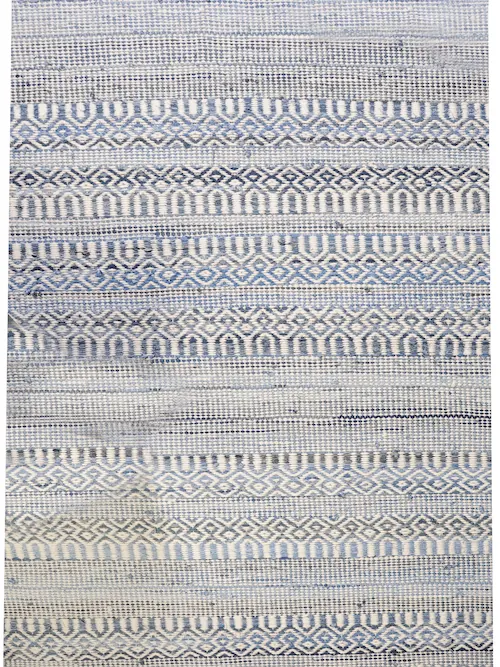 Tapis rayé ivoire et bleu-gris The Rug Republic en coton recyclé et laine, à courtes franges