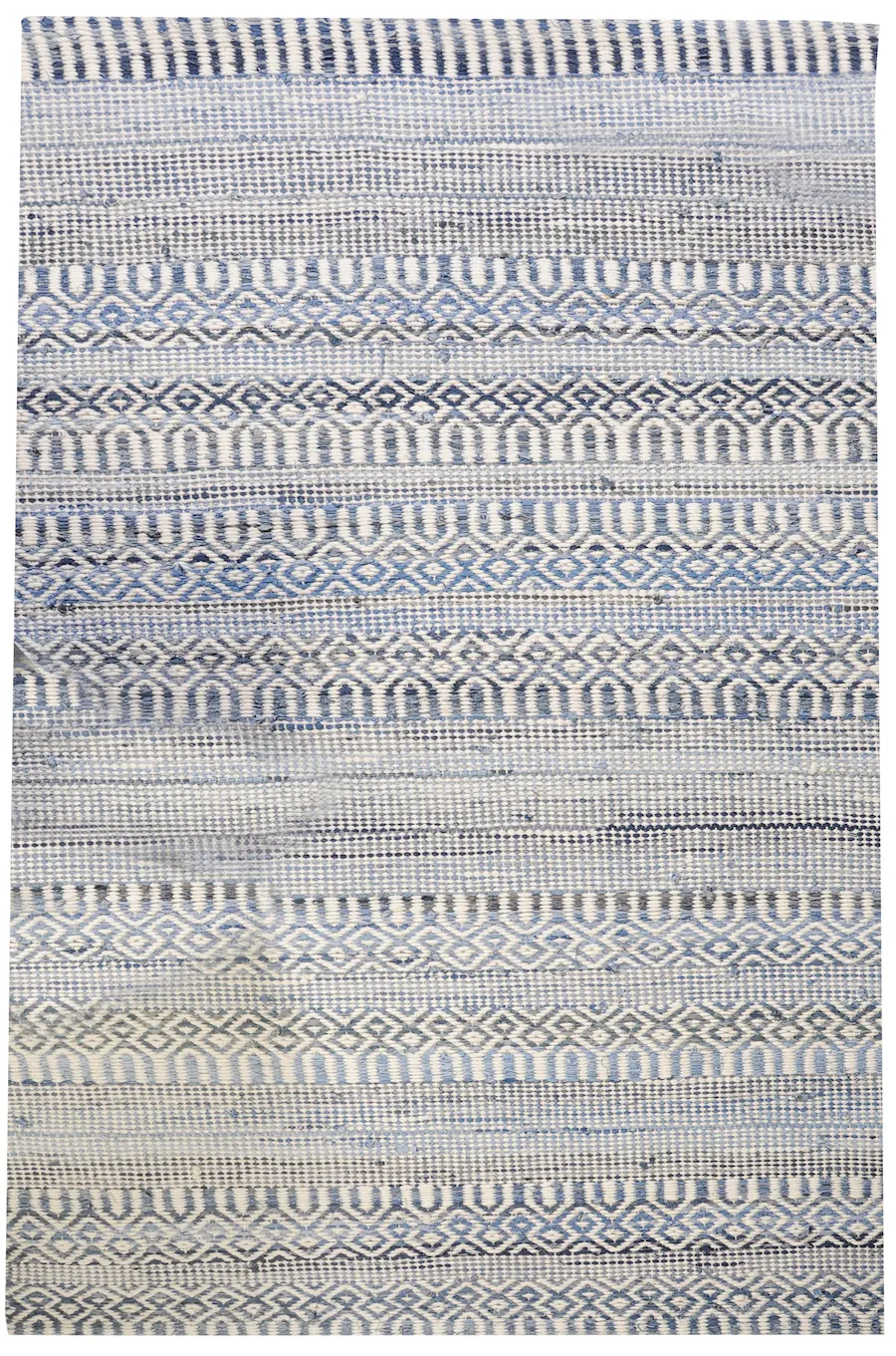 Tapis rayé ivoire et bleu-gris The Rug Republic en coton recyclé et laine, à courtes franges