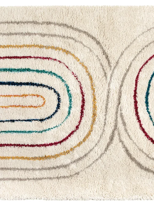 Tapis Zach 2 crème à poils longs et arcs de lignes colorées, vu de dessus
