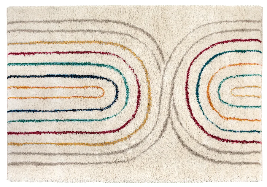 Tapis Zach 2 crème à poils longs et arcs de lignes colorées, vu de dessus