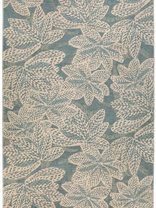 Tapis d'extérieur Ariane bleu gris à grandes feuilles beiges, vu de dessus