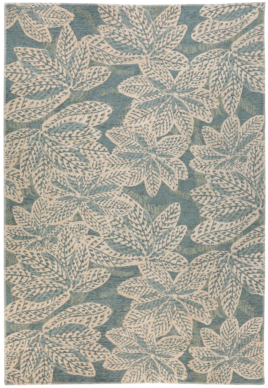 Tapis d'extérieur Ariane bleu gris à grandes feuilles beiges, vu de dessus