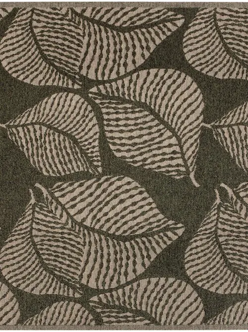 Tapis d'extérieur Flora vert kaki à grandes feuilles beiges, vu de dessus