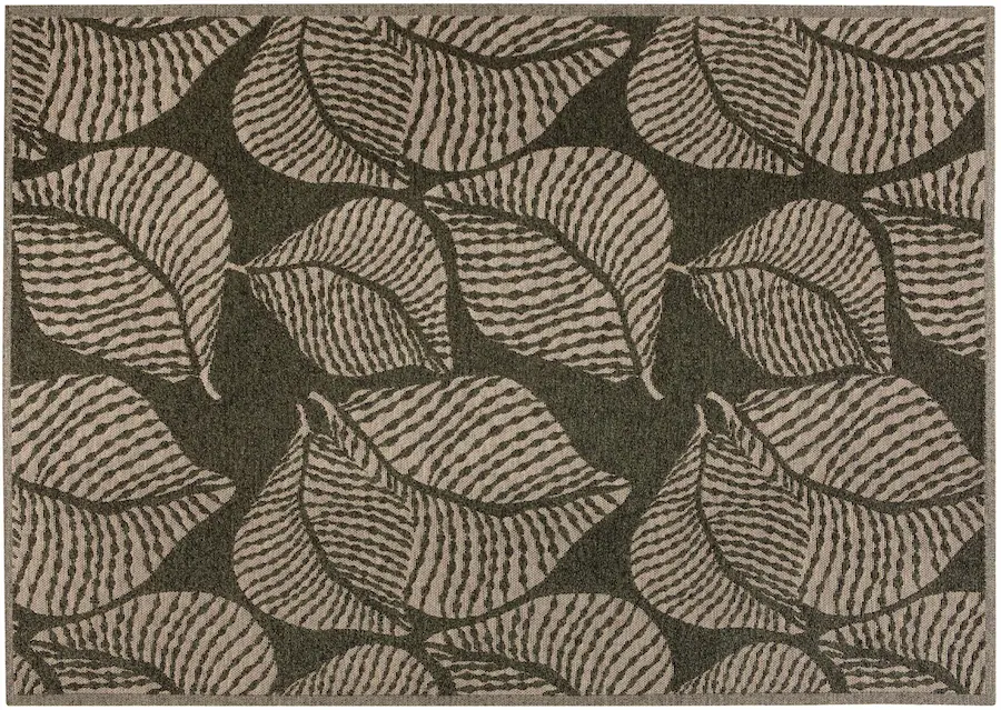 Tapis d'extérieur Flora vert kaki à grandes feuilles beiges, vu de dessus
