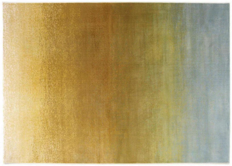 Tapis Lilo en dégradé jaune moutarde, vert et bleu gris, vu de dessus